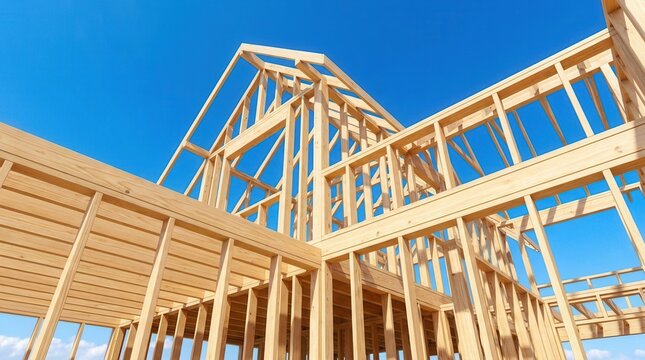 Bright blue sky background with a wooden house frame under construction, 3D rendering of a home building concept.