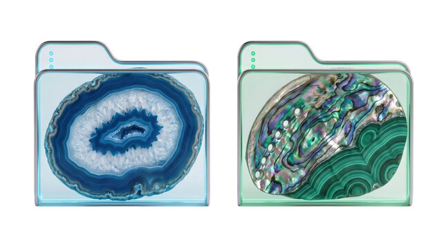 Glassmorphism File Folders with Blue Agate Slice and Iridescent Abalone Shell with Malachite Gemstone Imagery. 
