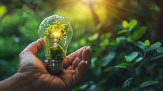 A hand holding a glass light bulb with bulb containing tiny person holds clear tree moss garden sustainability responsibility conservation environment development stewardship innovation life with idea