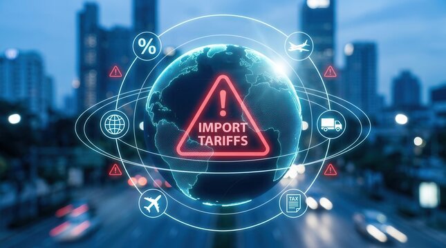 Digital visualization of import tariffs increase and global trade symbols.
