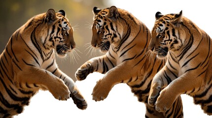 Naklejka premium Two big tigers jump mid air facing in wild jungle. Powerful striped predators leap during fight play. Intense animal action shows strength, agility. Large orange cats move dynamically against white