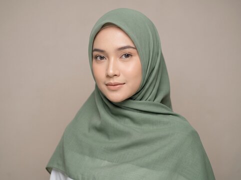 Studio portrait of elegant Asian woman wearing sage green hijab looking directly at camera, representing modern modest fashion and graceful identity