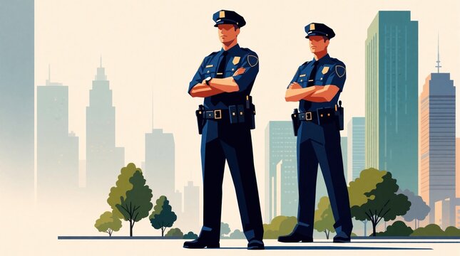 Two police officers stand arms crossed in urban setting with city skyline behind. They wear dark blue uniforms and caps, projecting authority and security. Men look pro and ready.
