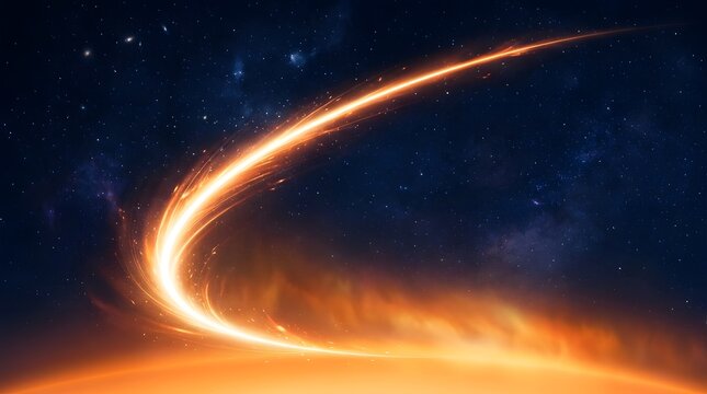 Glowing comet streaking through starry night sky with fiery trail
