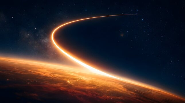 Stunning view of spacecraft orbiting a glowing planet at sunrise