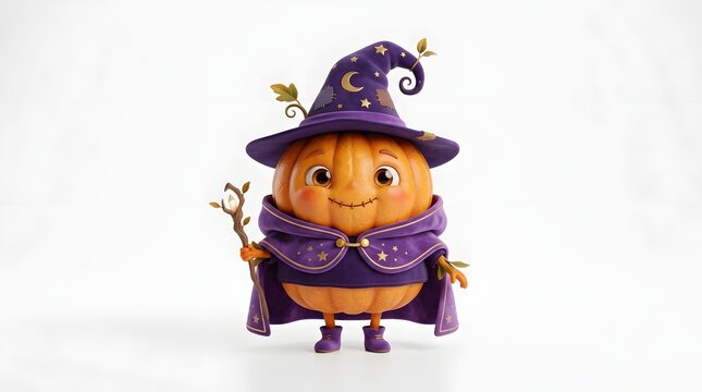 Cute pumpkin character dressed as a wizard with purple cloak