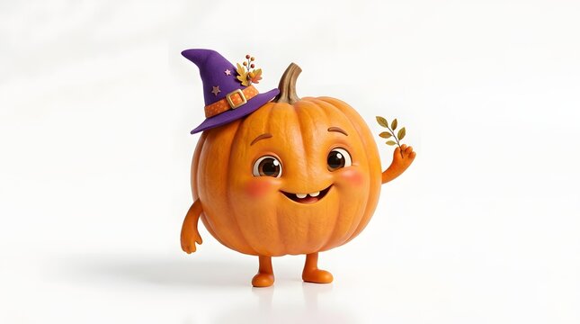 Cute cartoon pumpkin character wearing a witch hat on white background