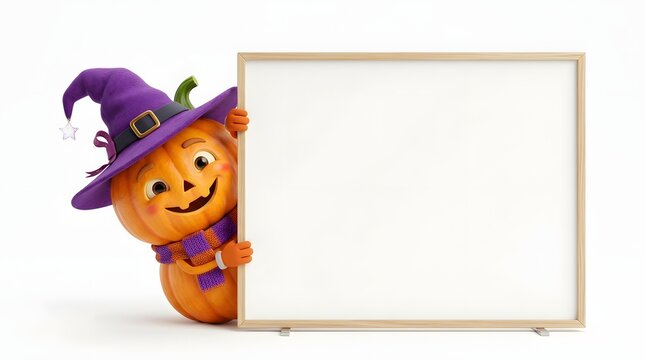 Smiling Halloween pumpkin with witch hat holding blank sign
