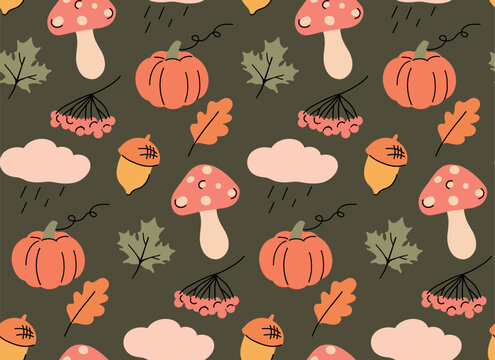 Vector fall seamless pattern in doodle drawing style. Autumn texture with mushroom, pumpkin, berries on dark background