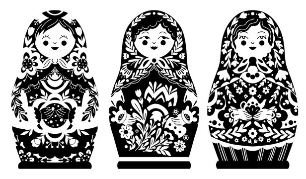 Vector set of black silhouette of matryoshka dolls in folk art style. Monochrome collection of decorative women with ornament.