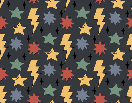 Vector seamless pattern with hand drawn comic stars and lightning in a childish style. Texture with multicolored stars on dark background