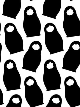 Vector seamless pattern with black silhouette of nesting dolls. Monochrome texture with matryoshka souvenirs
