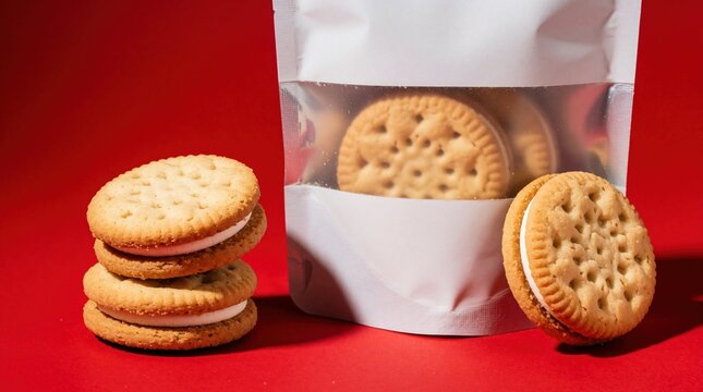 Stack of cream sandwich cookies beside pouch packaging on red backdrop. Round crispy biscuits with white filling are perfect for snack or dessert.