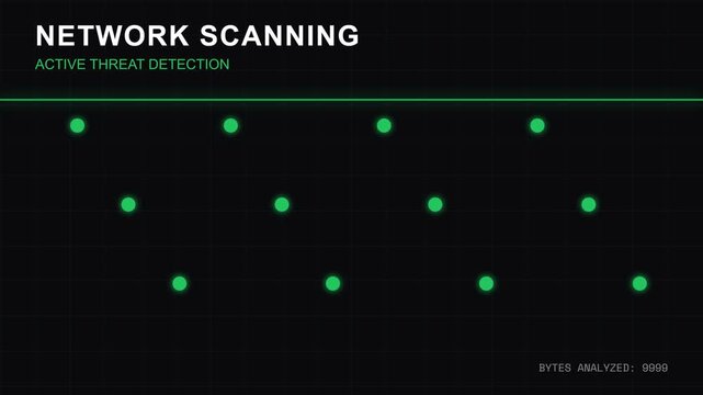 Network scanning animation, green dots moving across grid background, representing cybersecurity and threat detection, symbolizing active threat detection and network security