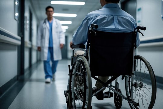 Doctor approaches patient seated in wheelchair inside hospital hallway. Medical staff offers help and support, patient waits for appointment, examination, or treatment in clinic.