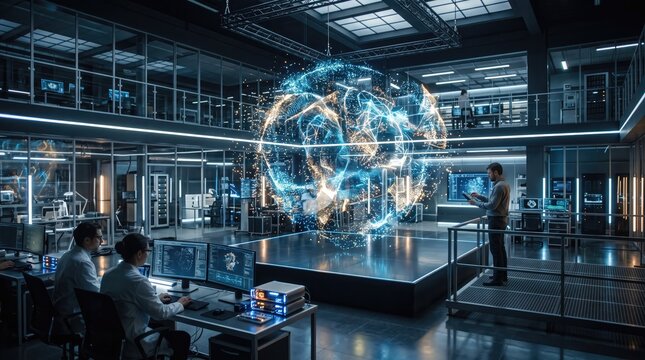 High tech laboratory interior featuring scientists working around a glowing complex holographic globe projection modern lab futuristic research scientific facility digital projection