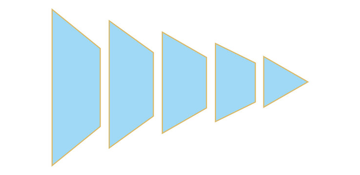 Five blue trapezoid shapes decreasing in size and arranged to form a play button icon