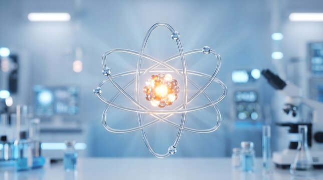 A glowing atomic structure model floating inside a modern scientific laboratory.