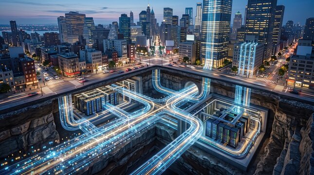 Smart city underground infrastructure with glowing fiber optic cables and digital utility networks utility network infrastructure underground technology cityscape connectivity engineering