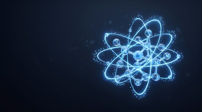 Digital illustration of a glowing blue atomic structure and molecule model on a dark background.