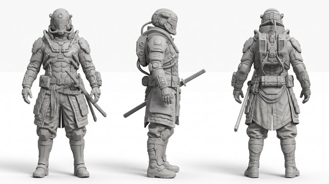 3D render character model of a sci-fi soldier in armor from multiple angles