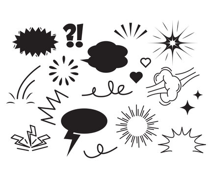 Comic explosion. Doodle boom bomb effects. Hand drawn line action lines, dynamic shape, burst, speech bubble, cloud puff, zap effect. Outline comic book sticker. Vector set.