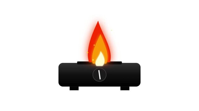 Animated graphic of a portable gas stove with a bright flame burning, isolated on white.