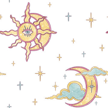 Seamless celestial pattern isolated on white. Hand drawn boho sun with evil eye, crescent moon, cute clouds and stars. Magical watercolor design for wrapping, textile, stationery and witchy prints