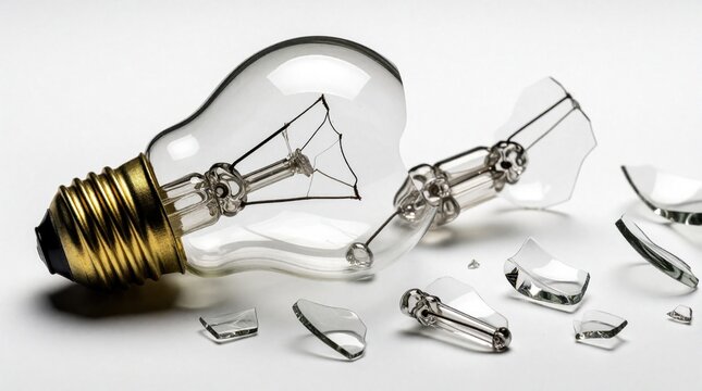 Broken incandescent light bulb lies shattered on a white surface. Fragments of glass are scattered around the damaged lamp. A symbol of failed ideas or bad luck.