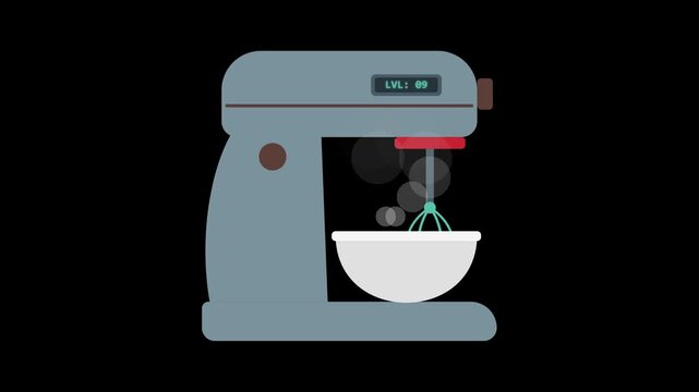 Kitchen mixer in operation, making batter or dough in a bowl, with digital speed indicator