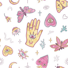 Seamless esoteric pattern isolated on white background. Hand drawn boho hand, pink sacred hearts, moth, eyes, celestial elements. Watercolor magic design for teenage journals and textile prints © Yulia Kapura
