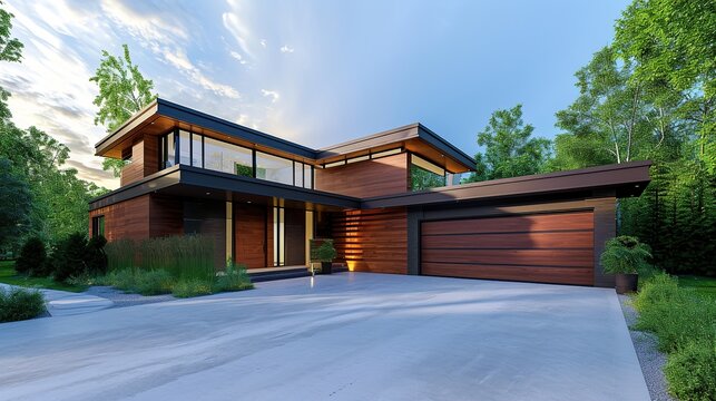 Contemporary timber-clad residence featuring expansive glass walls, a two-car garage, and lush landscape in a sunny setting