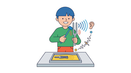 Fototapeta premium Boy demonstrates sound waves with tuning forks and ear illustration
