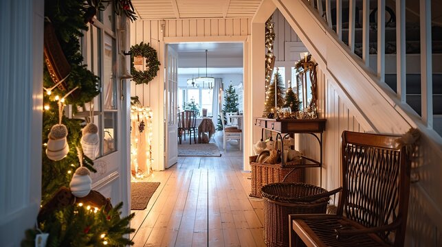 Cozy Christmas Decorated Hallway and Staircase Bathed in Warm Seasonal Lighting