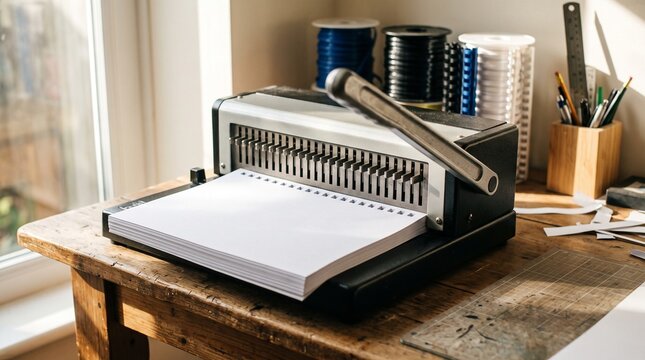 Manual spiral binding machine for office document processing.
