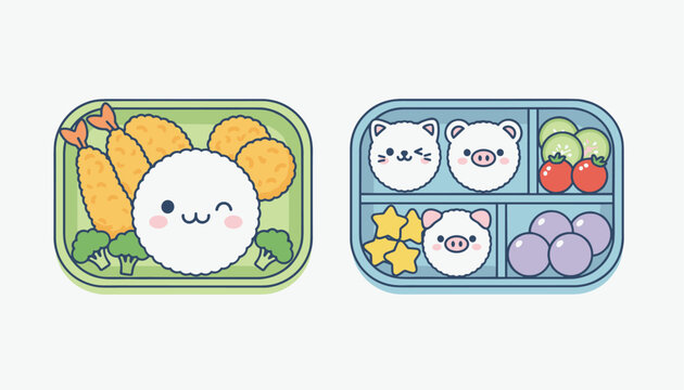 Cute bento boxes with adorable animal shaped rice balls and healthy ingredients in Japanese lunch box design.