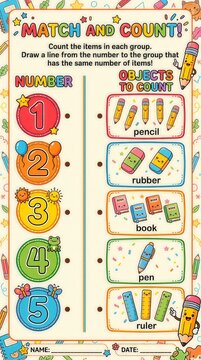 A children's count matching worksheet with stationery themed