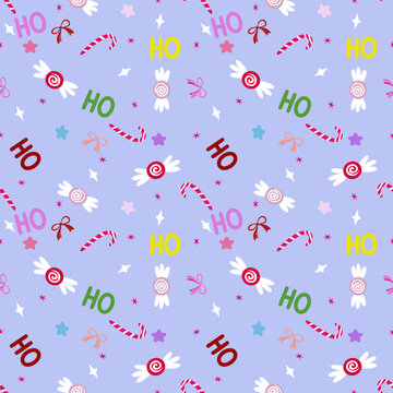 Cute Christmas seamless pattern featuring colorful candy canes, sweets, stars, bows and festive Ho Ho Ho lettering on a pastel purple background. for xmas designs.