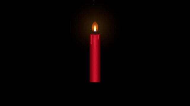 Single red candle with a bright flame flickering in the darkness, creating a warm, peaceful atmosphere. Gentle dust particles float around the flame.