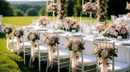 Naklejka premium Outdoor wedding reception setup with elegant tables chairs adorned with pink white floral arrangements. Guests anticipate a celebratory feast amid a lush garden.