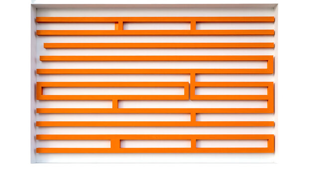 Overhead shot of an abstract geometric design on a white background. Orange lines form a layered pattern