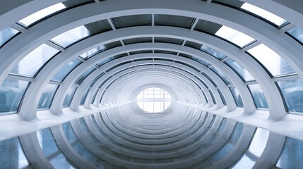 Obraz premium Symmetrical futuristic underground pedestrian tunnel with white ribs and reflective polished floors