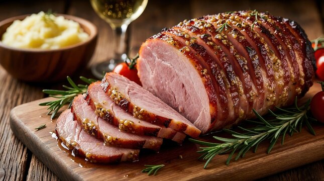 Delicious glazed ham with mustard seeds on wooden board. Sliced roast pork meat sits with rosemary herbs, cherry tomatoes. Side of mashed potatoes, white wine glass on rustic table. Perfect holiday