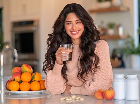 Happy Indian woman drinking water near blank supplement bottles and orange fruits on kitchen counter. Healthy nutrition, morning vitamin intake and wellness lifestyle concept