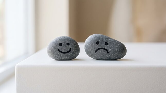 Two smooth grey stones painted with happy smiley and sad frowny faces sitting on white surface near window, emotional balance illustration, contrasting feelings representation