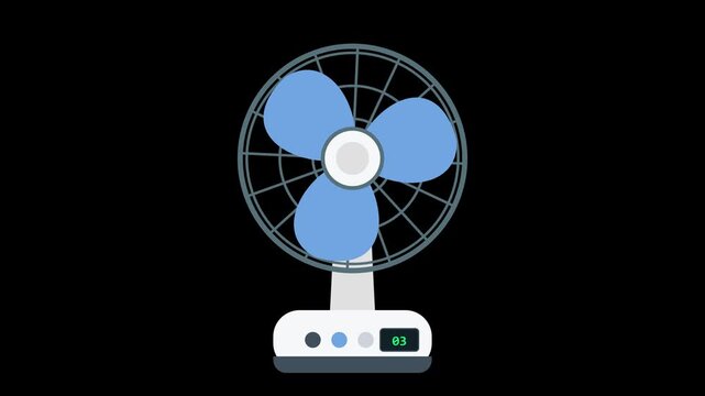 Animated electric fan with blue blades rotates on a black background, displaying speed setting.