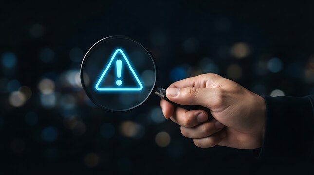 Hand holding a magnifying glass over a glowing blue neon triangle warning sign with an exclamation mark, dark bokeh background