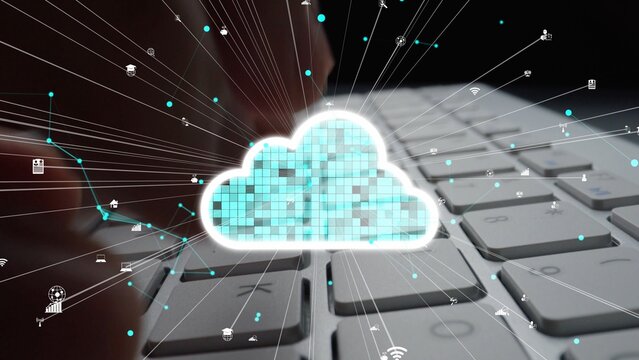 This image depicts an abstract concept of cloud computing, featuring a keyboard and digital elements, emphasizing innovation and data transfer in the tech landscape. Xenic