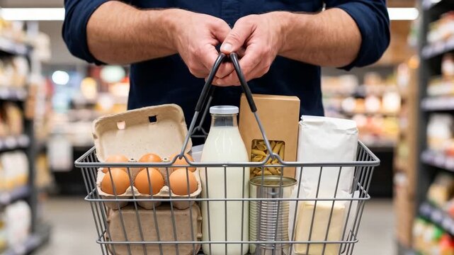 Close-up of a male customer's hands holding a full grocery basket in front of them in a supermarket. Retail daily, food shopping and consumer lifestyle concept