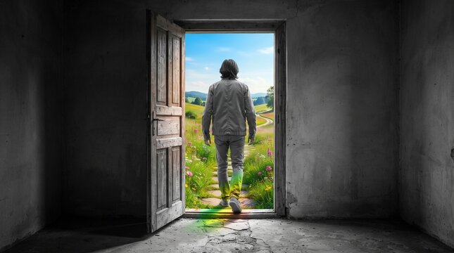 Person Stepping from a Monochromatic Room into a Vibrant World